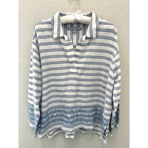 MARC NEW YORK | Blue White Striped Cotton Blend Floral Embroidered Top | Medium - Picture 1 of 7